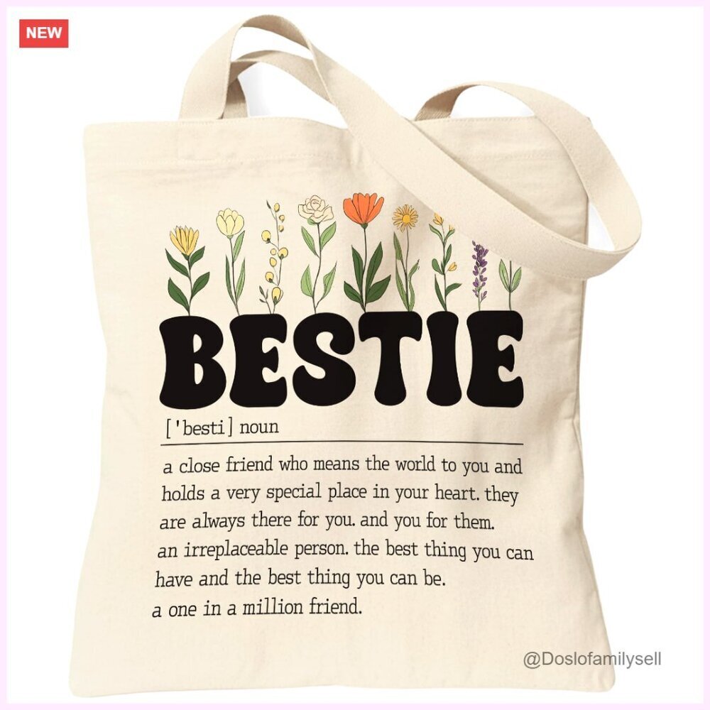 Canvas Tote Bag with Inner Zip Pocket, Bestie Friendship Gift